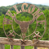Laser cut metal Welcome sign with cow skull and stars, 20 inch western decor