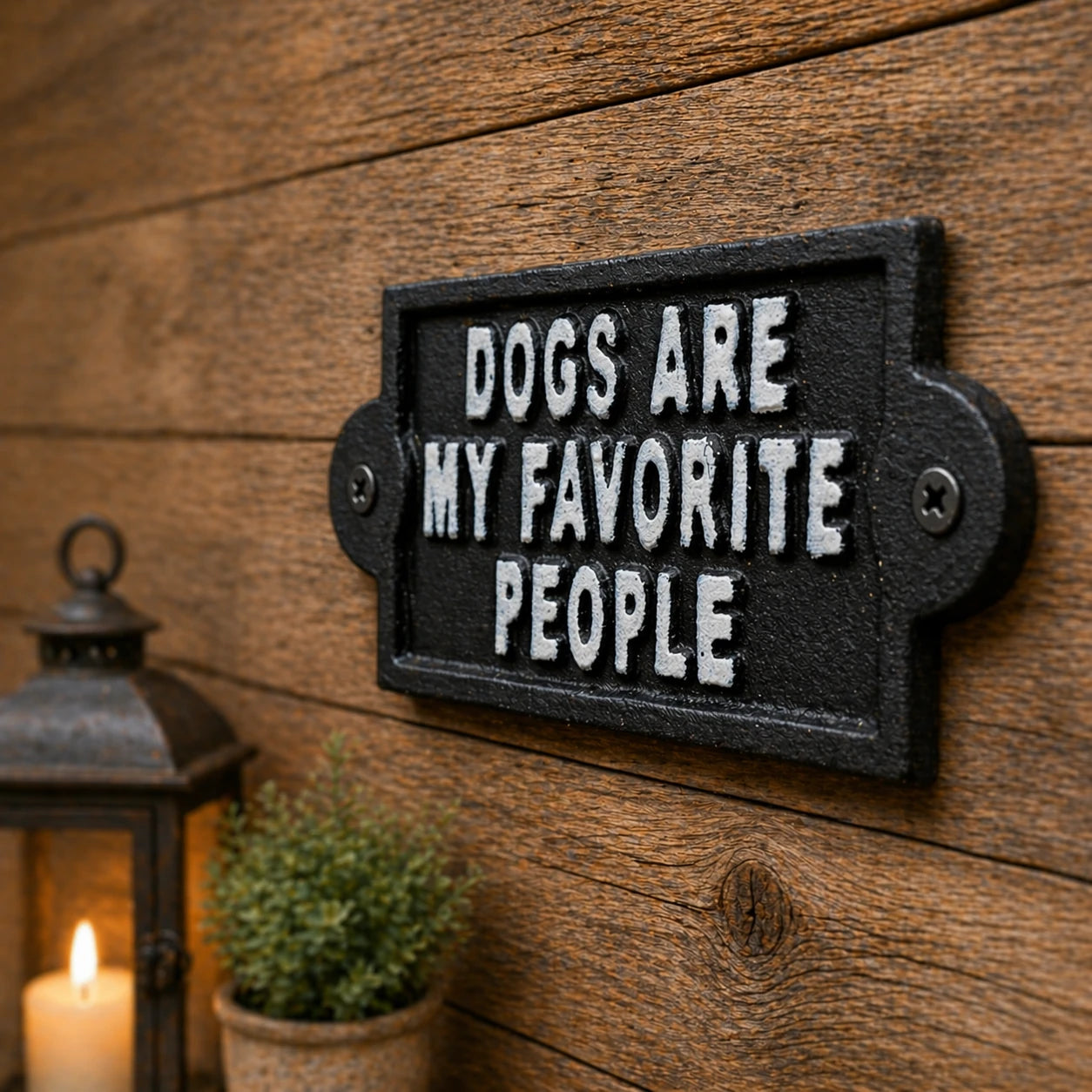 Angled black cast iron wall sign with white lettering.