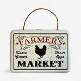 Cream painted cast iron Farmers Market sign with black chicken and rope handle