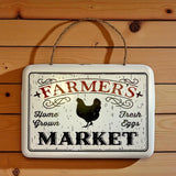 Vintage Farmers Market sign with chicken, cream metal home decor on wood display