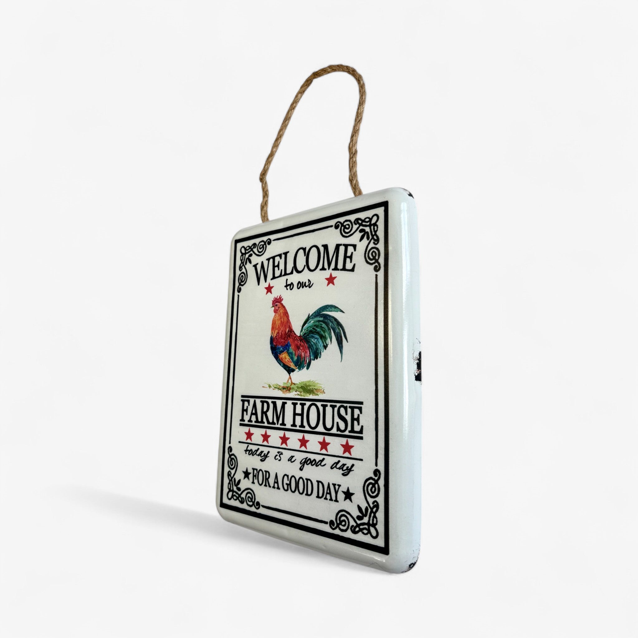 Vintage-style metal farm house welcome sign with rooster, side view showing depth and white enamel