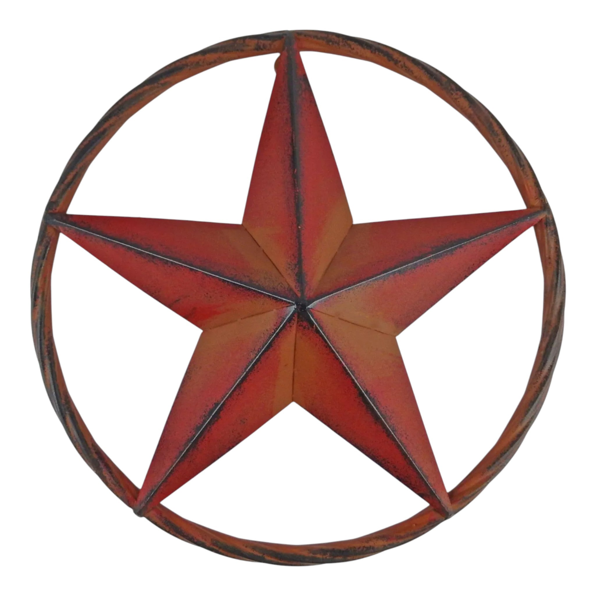 Weathered red metal star wall sign, close-up showing rust patina finish, cast iron