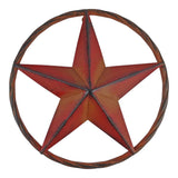 Weathered red metal star wall sign, close-up showing rust patina finish, cast iron