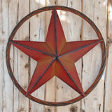 Red rustic metal star decor with weathered finish, cast iron wall art