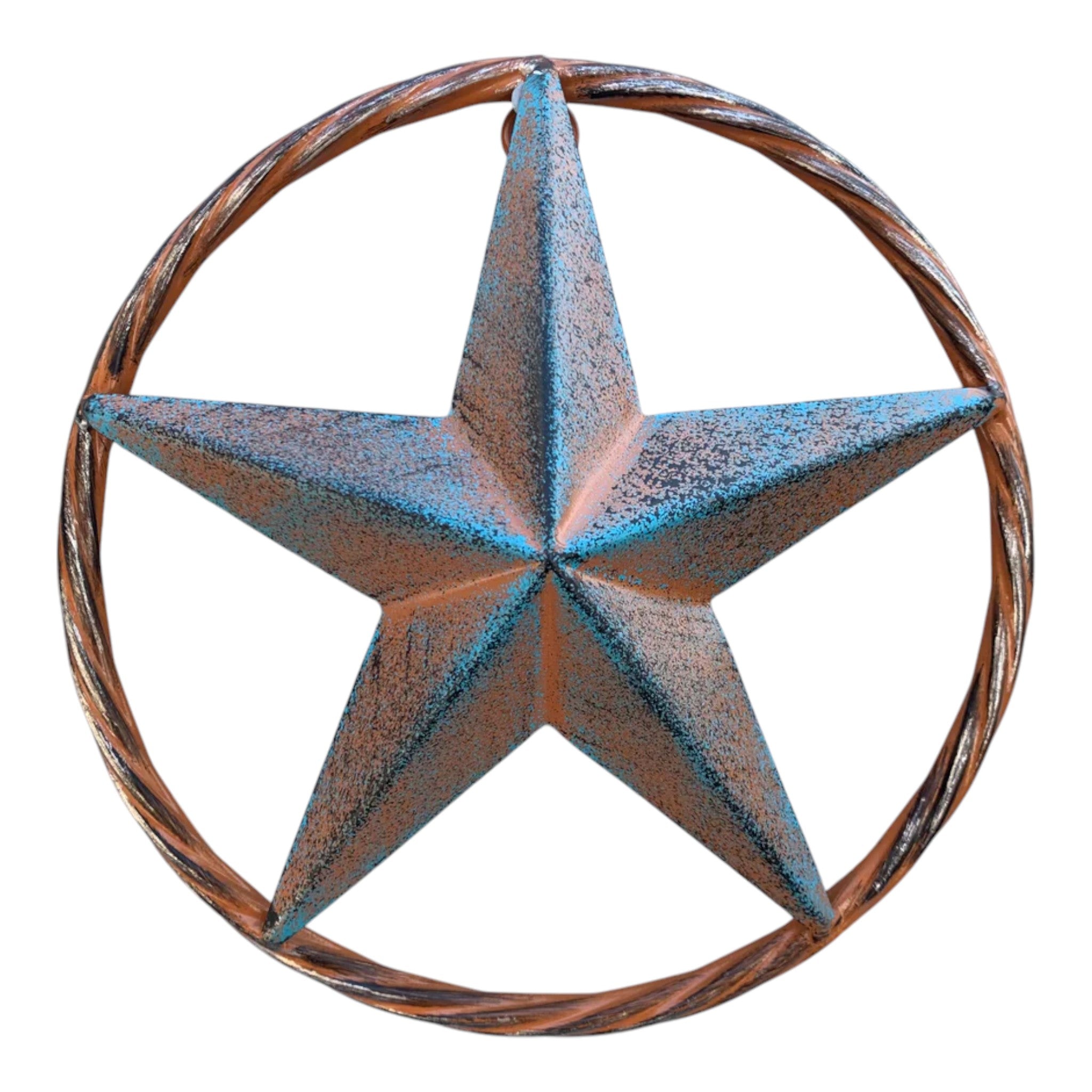 Blue weathered metal star decor detail, textured finish with patina accent