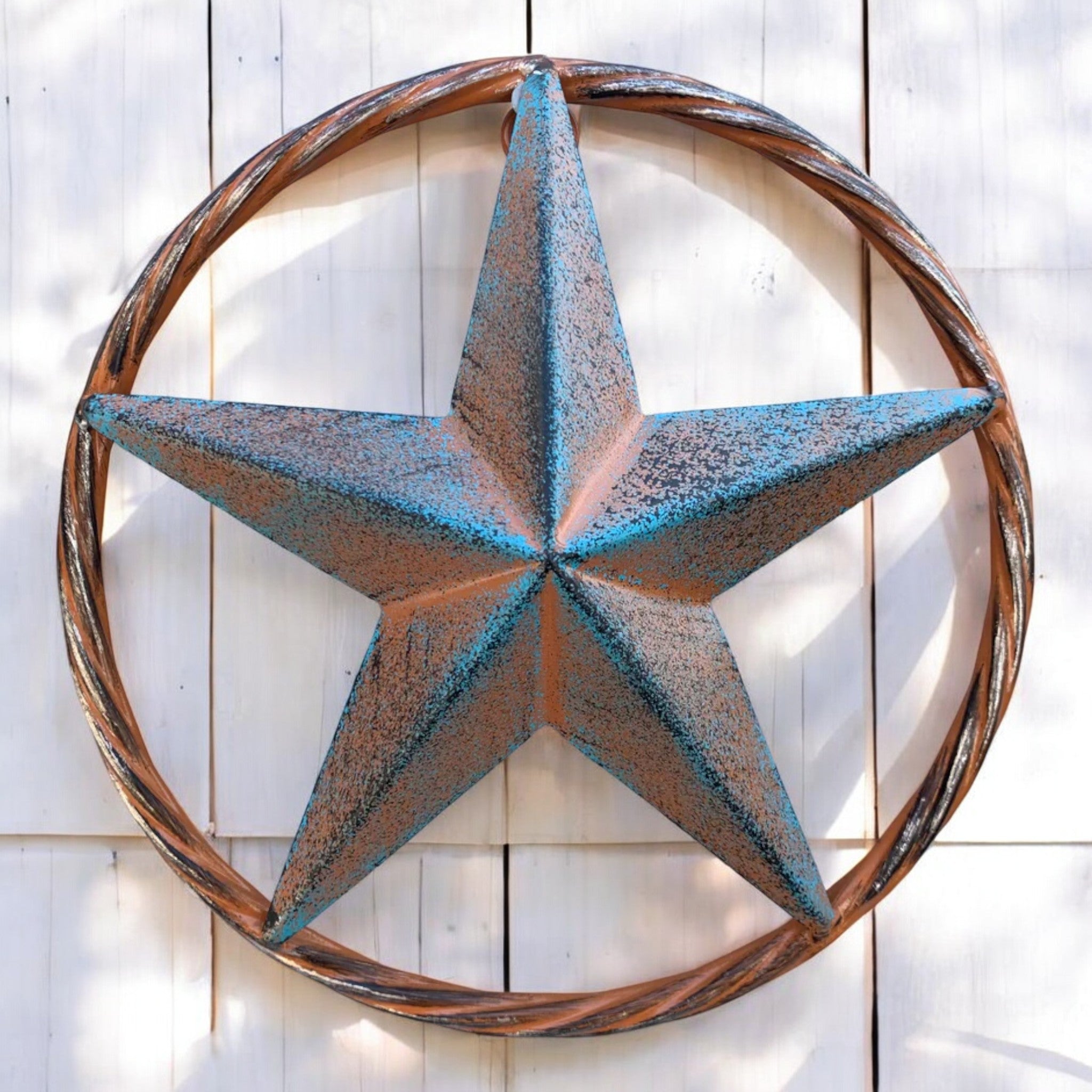 Metal blue rustic star decor with weathered finish, patriotic cast iron wall sign