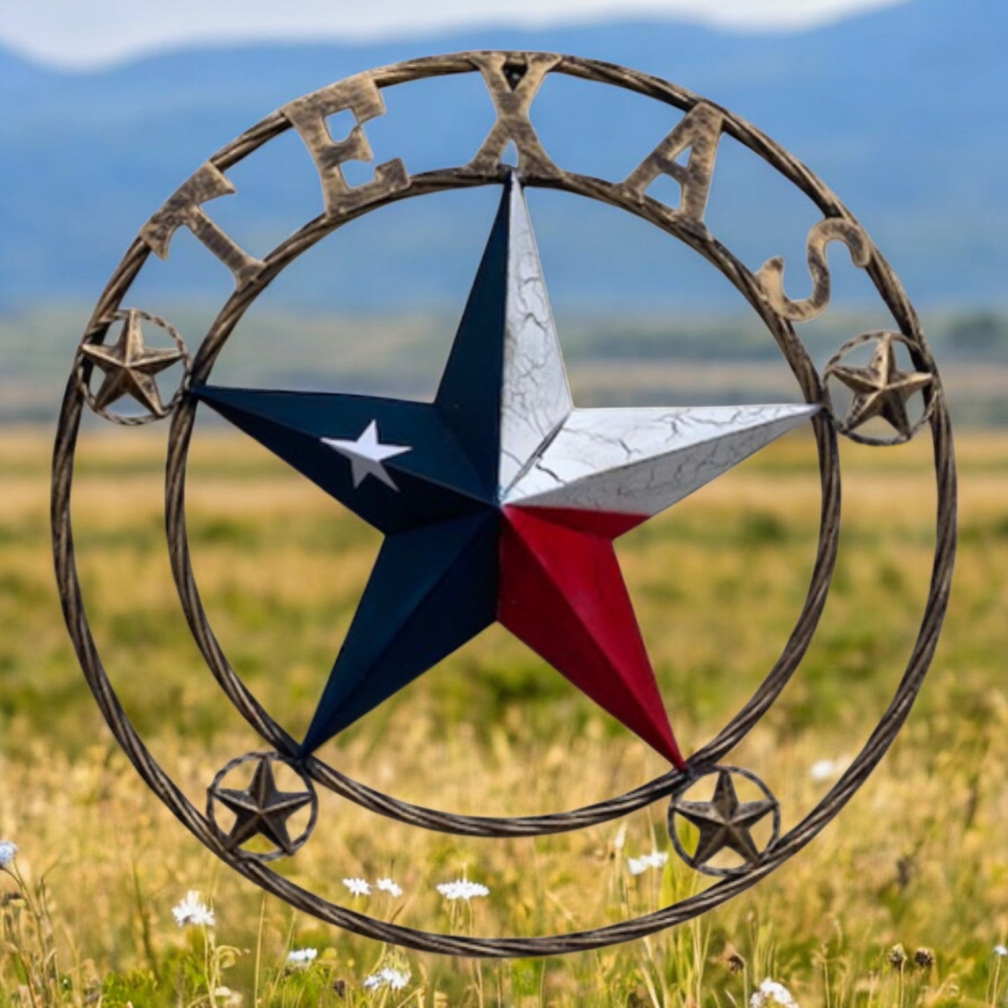 24 inch Texas star cracked metal wall art with twisted rope ring and corner stars in patriotic colors