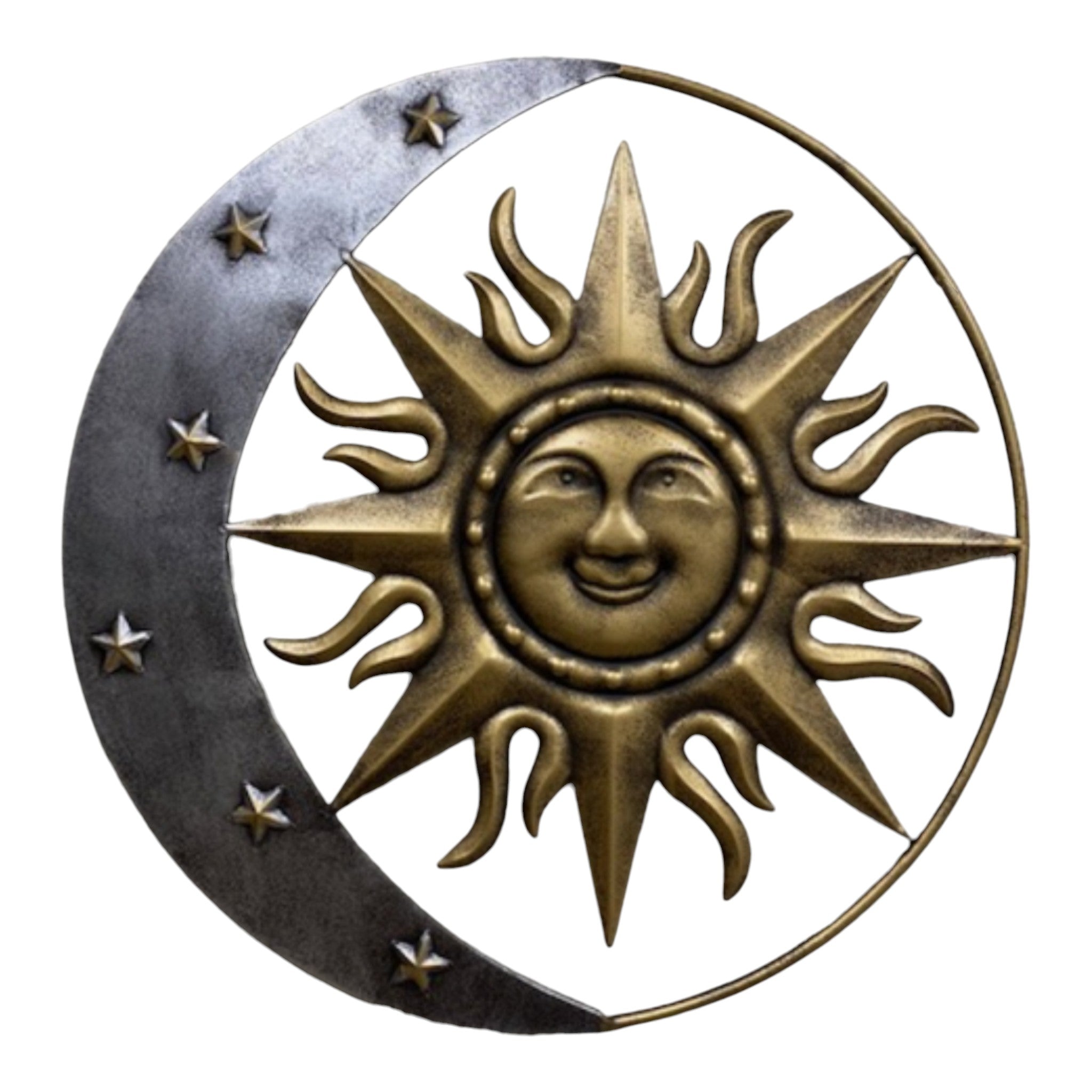 Celestial metal sign with moon stars detail, brass gold finish, cast iron wall art