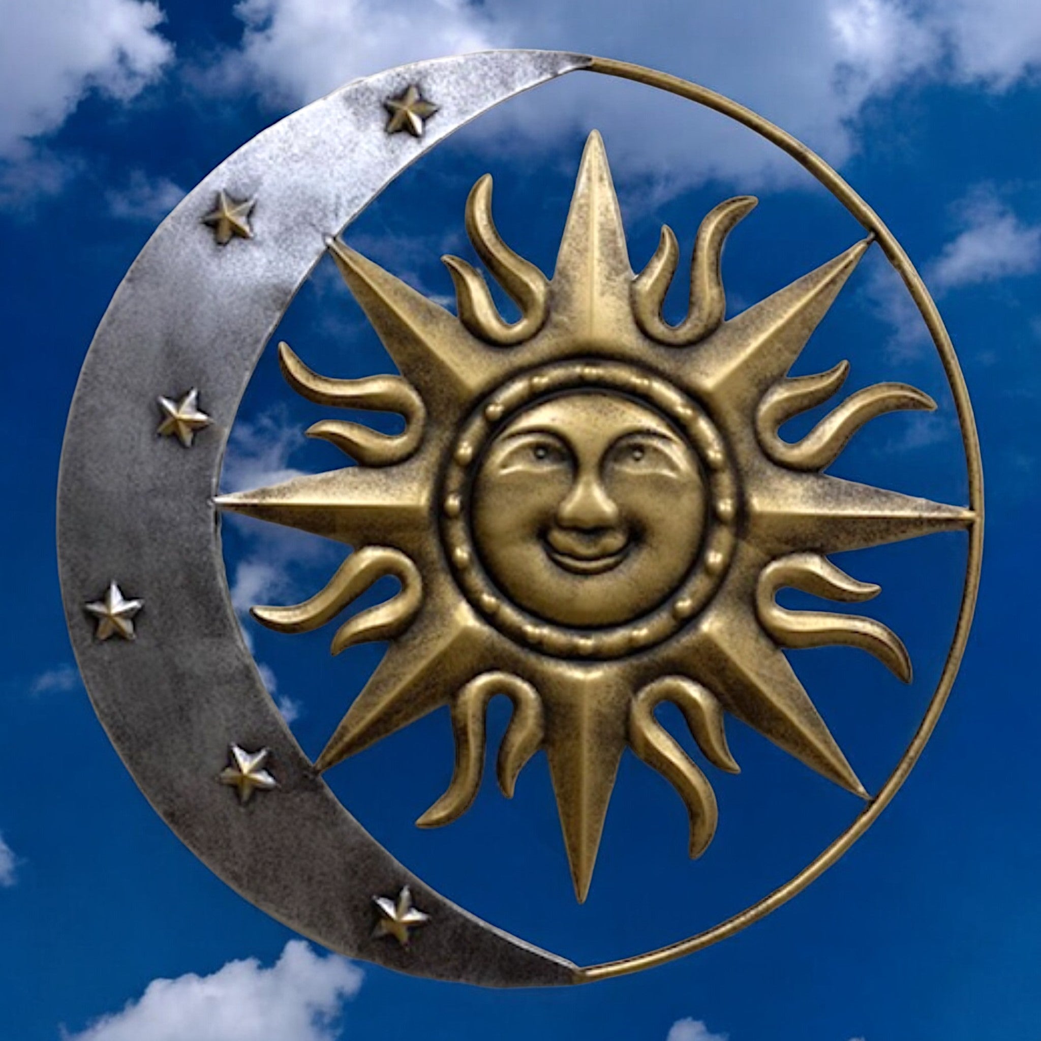 Sun and moon celestial metal wall sign, 24 inch, gold brass cast iron decor