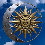 Sun and moon celestial metal wall sign, 24 inch, gold brass cast iron decor