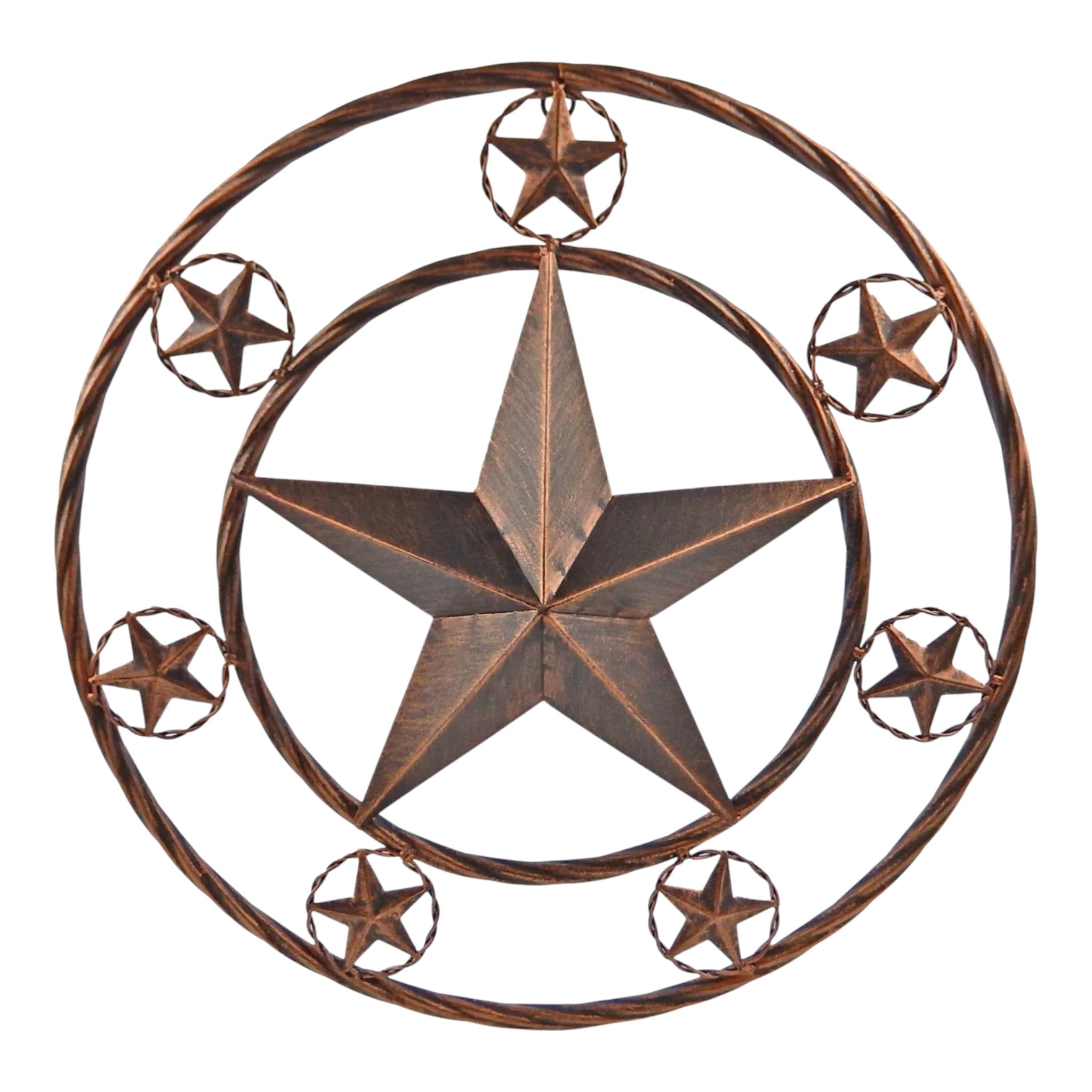 Metal 18 inch celestial star wall decor with small circled stars, brushed bronze finish